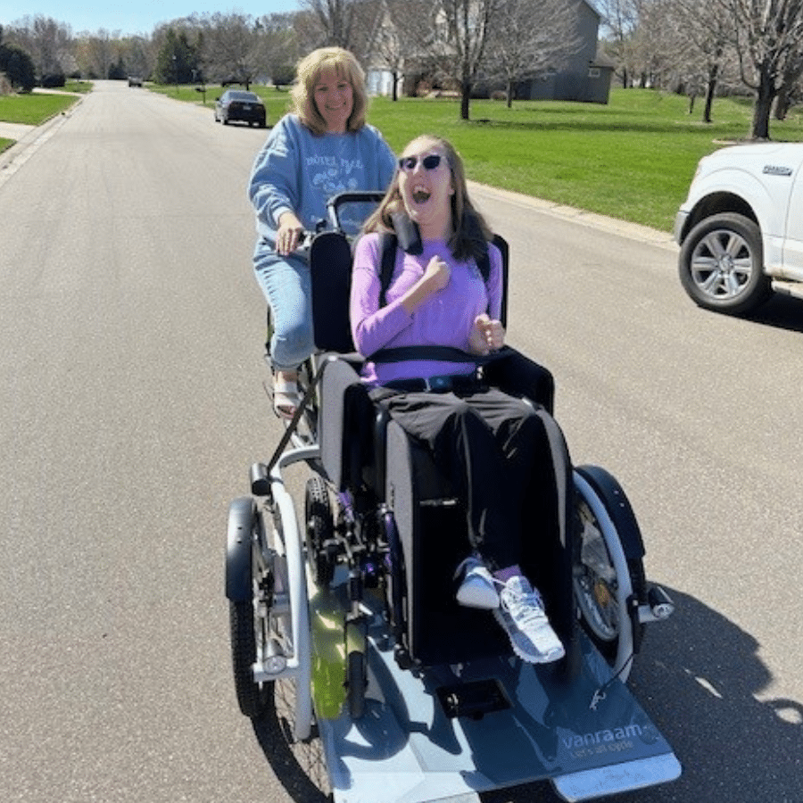 Olivia's first ride on her new custom-built bike