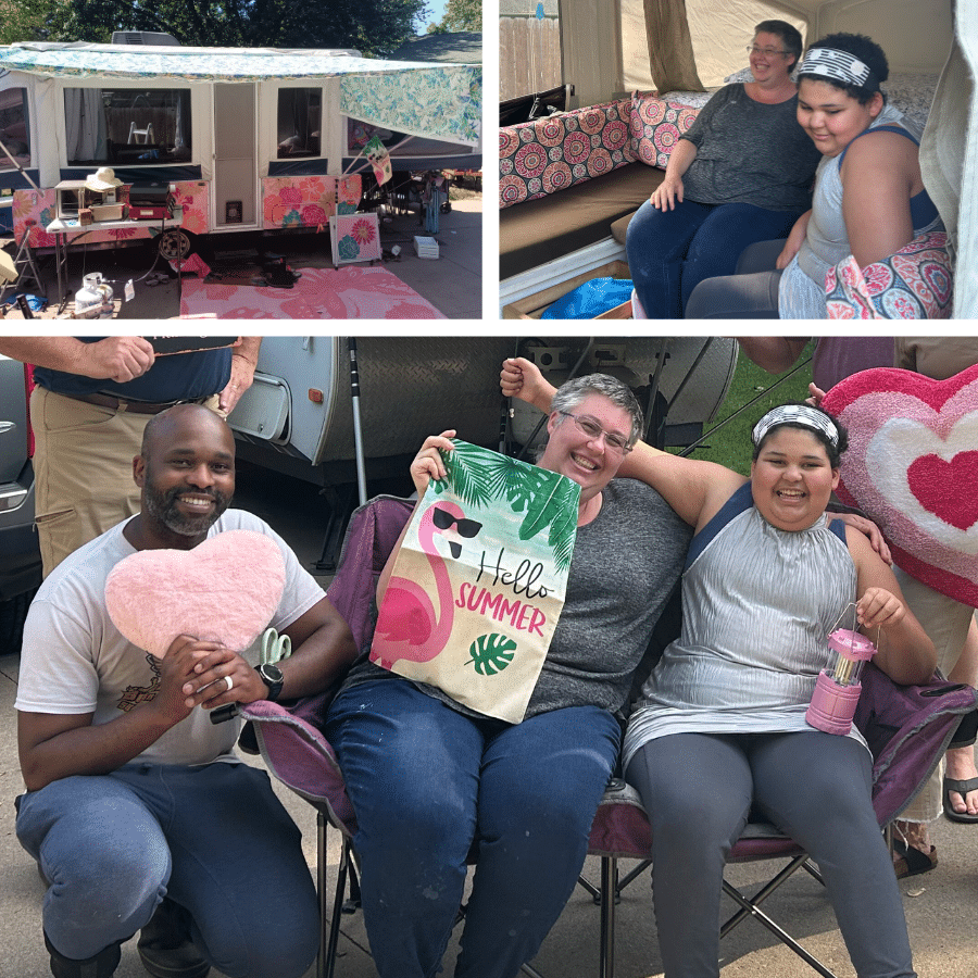 Faith and her family with her new camper and pink accessories