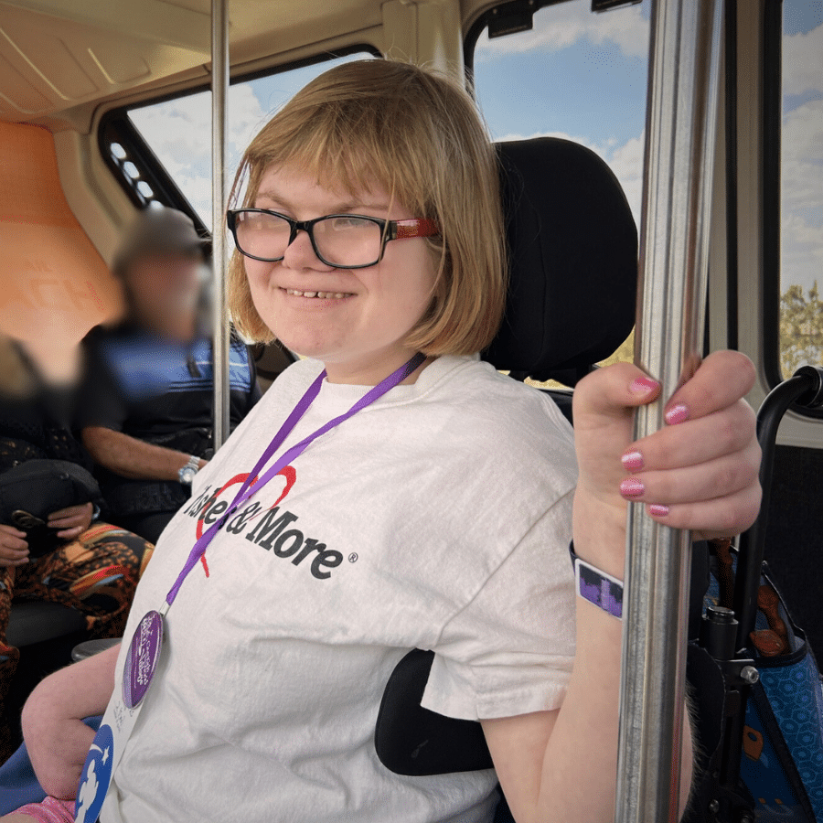 Rachel on a bus to Disney