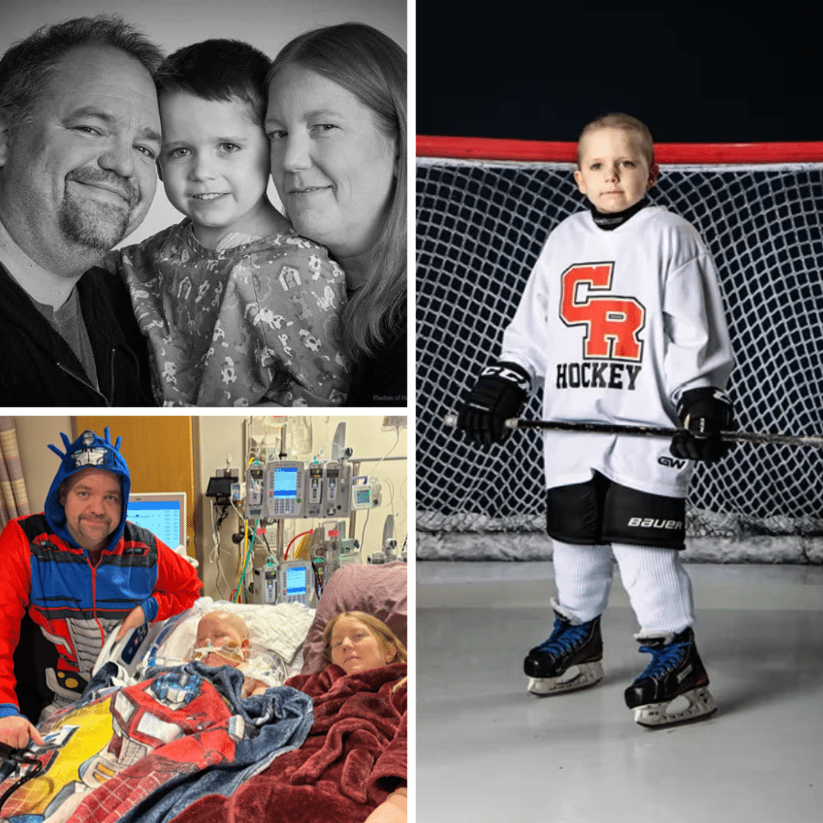 Alex with his family and in his hockey gear