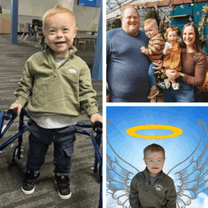 Collage of Crue's photos with walking device, family, and angel wings